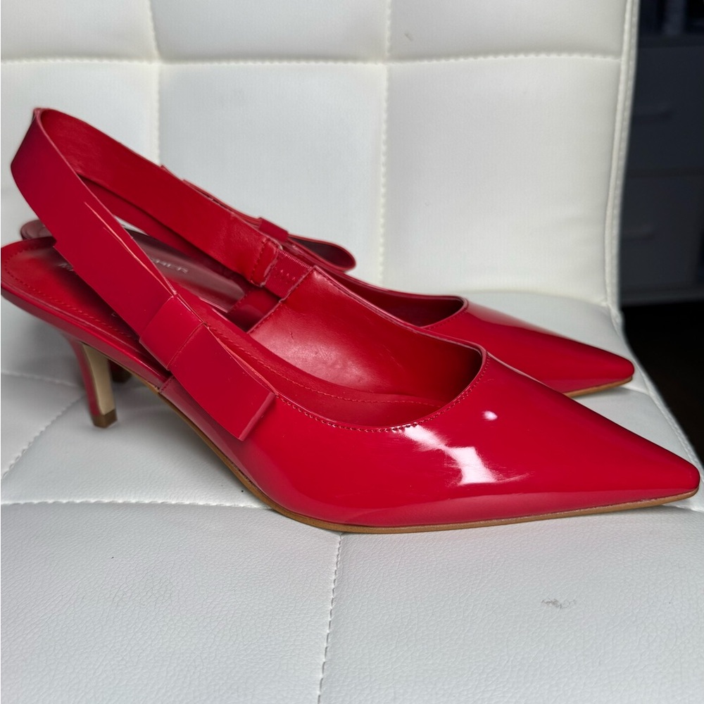 Red Patent Slingback Pointed-Toe Heels with Bow Accent - Picture 5 of 14